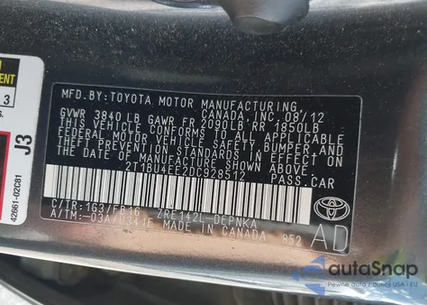 2013 Toyota Corolla Le z USA, uszkodzony, nr VIN 2T1BU4EE2DC928512